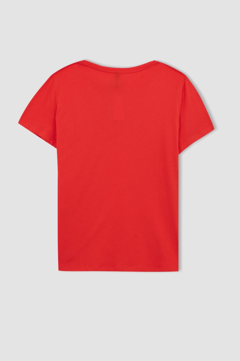 نساء أحمر تي شيرت قطن مطبوع بشعار وقصة عادية