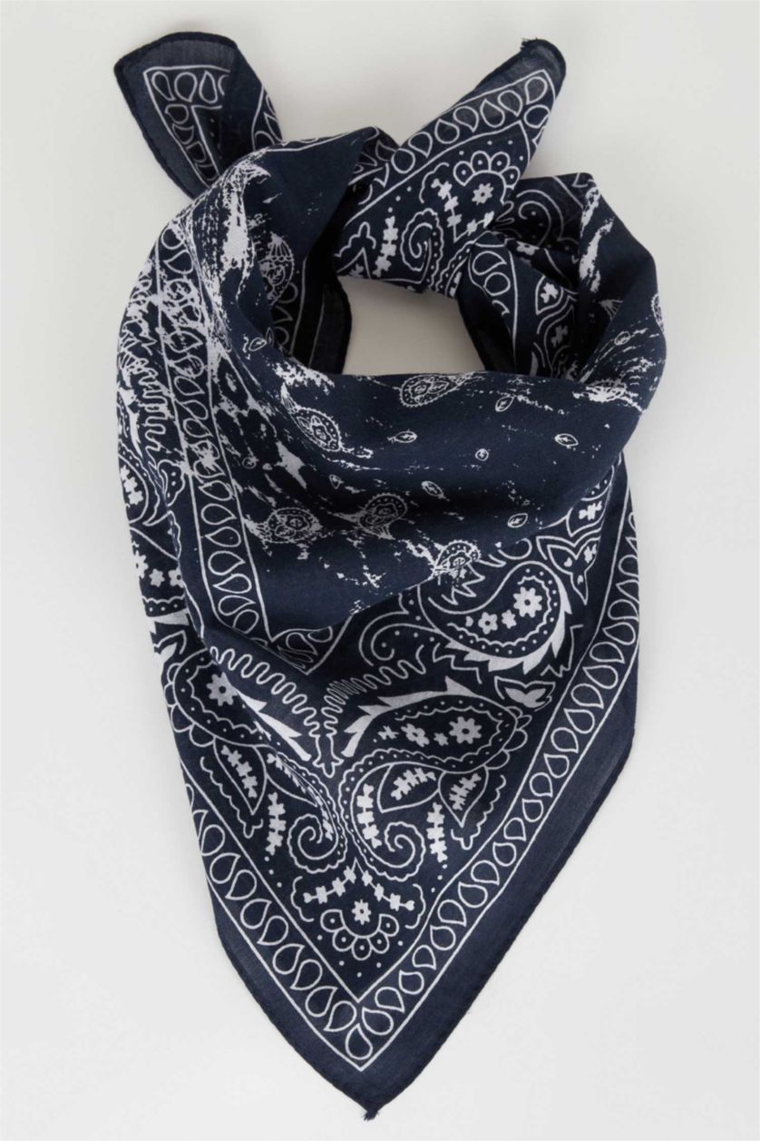 Kadın Koyu İndigo Etnik Desenli Pamuklu Bandana