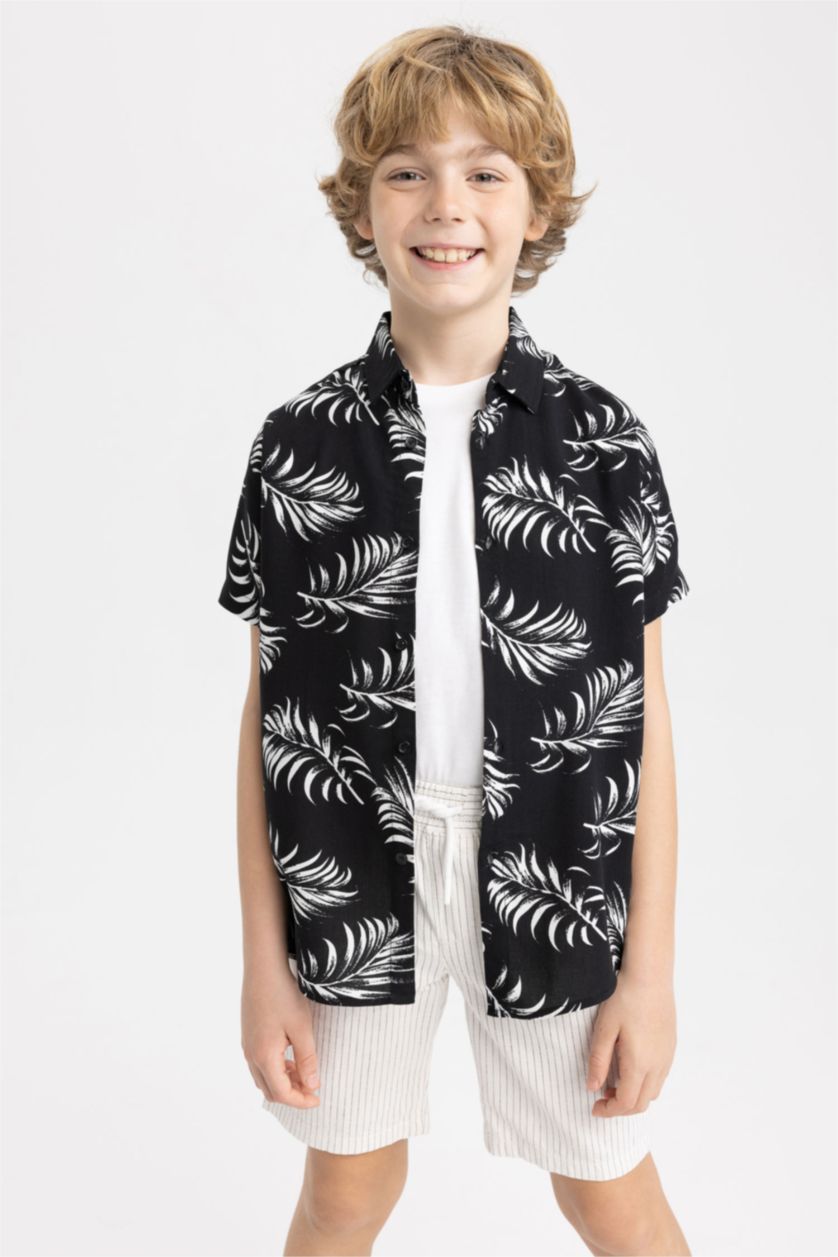 BOYS & TEENS Black Boy Regular Fit Floral Patterned Short Sleeve Linen Look Shirt