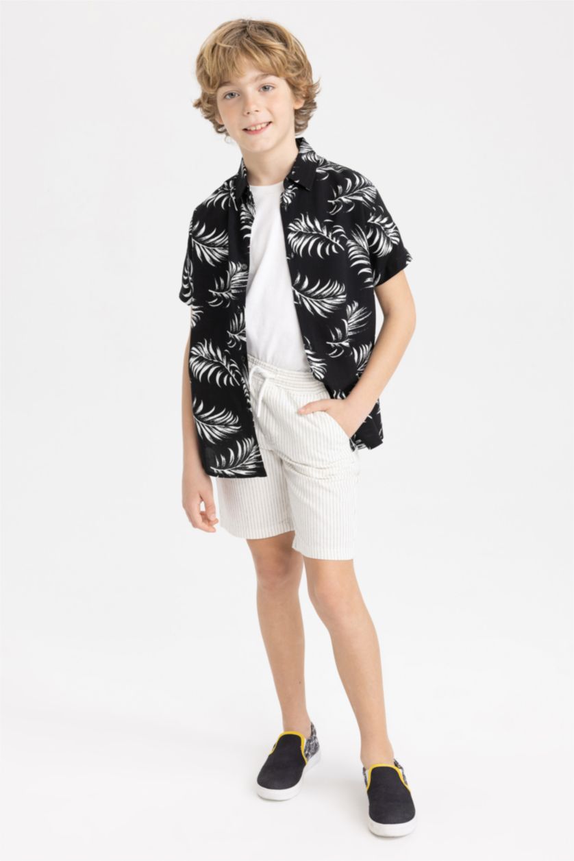 BOYS & TEENS Black Boy Regular Fit Floral Patterned Short Sleeve Linen Look Shirt