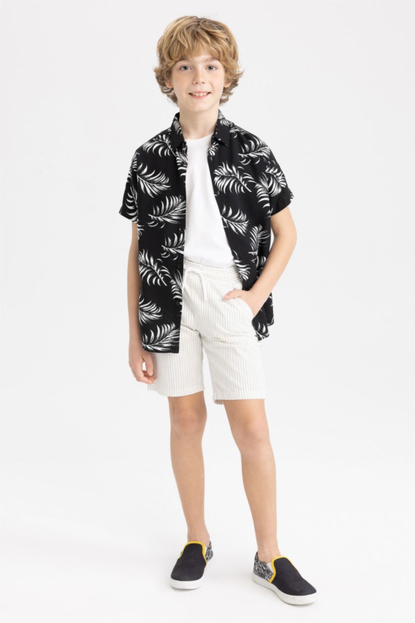 BOYS & TEENS Black Boy Regular Fit Floral Patterned Short Sleeve Linen Look Shirt