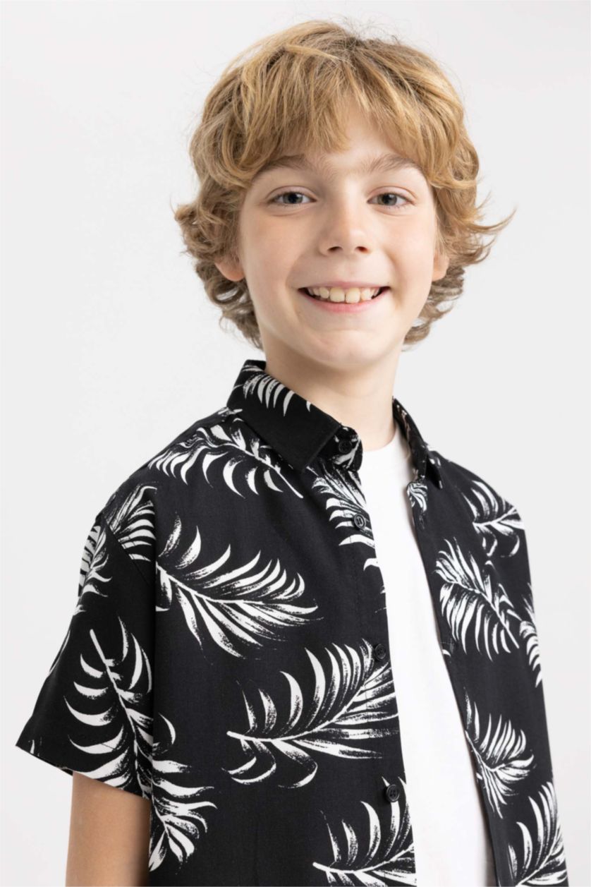 BOYS & TEENS Black Boy Regular Fit Floral Patterned Short Sleeve Linen Look Shirt