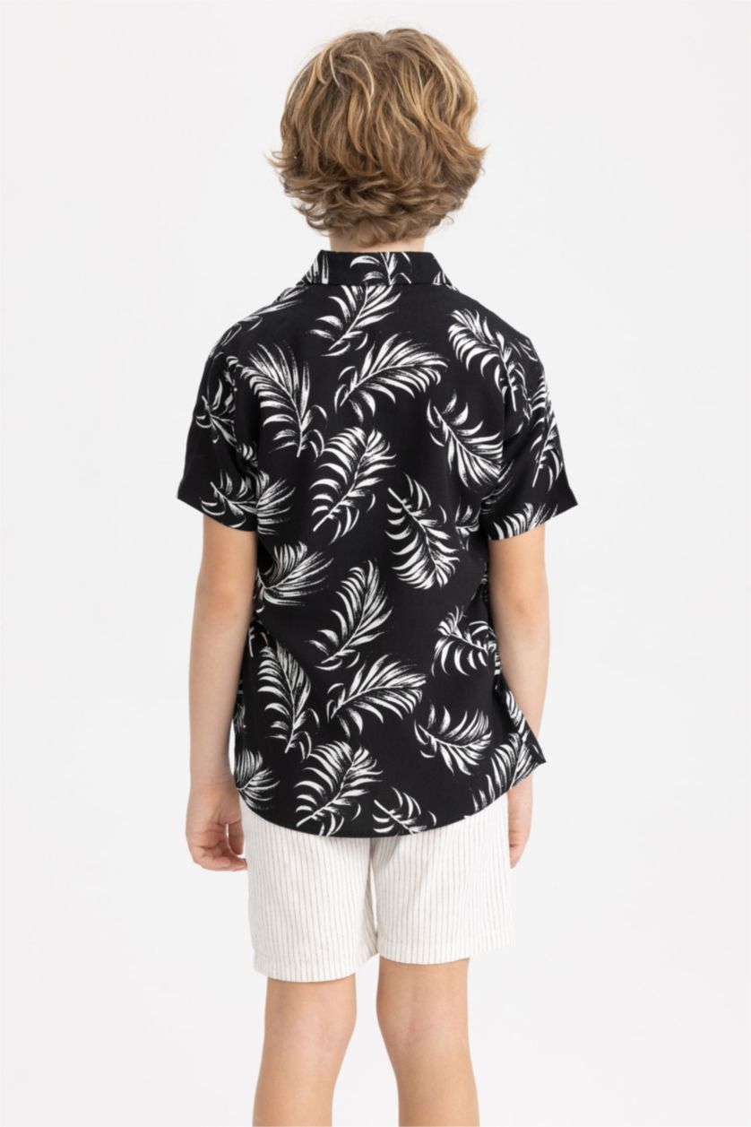 BOYS & TEENS Black Boy Regular Fit Floral Patterned Short Sleeve Linen Look Shirt