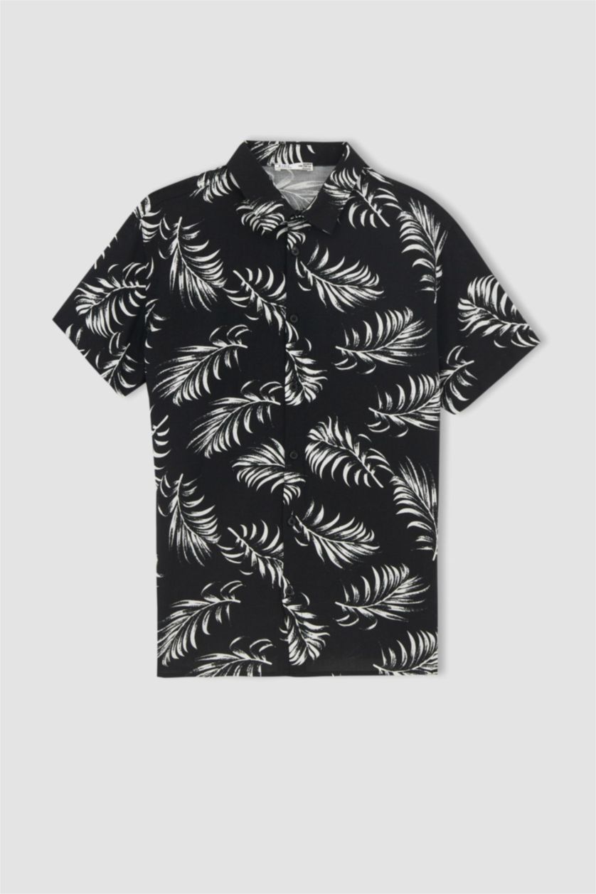 BOYS & TEENS Black Boy Regular Fit Floral Patterned Short Sleeve Linen Look Shirt