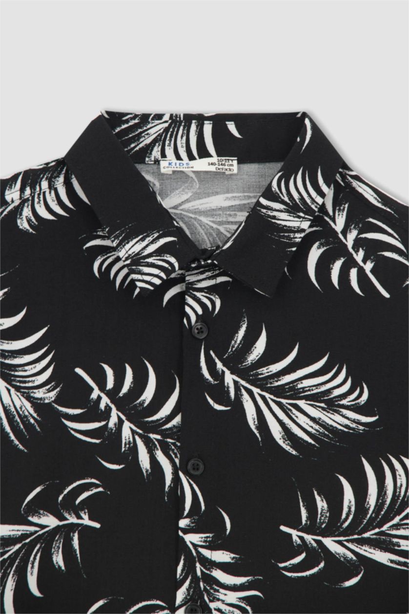 BOYS & TEENS Black Boy Regular Fit Floral Patterned Short Sleeve Linen Look Shirt