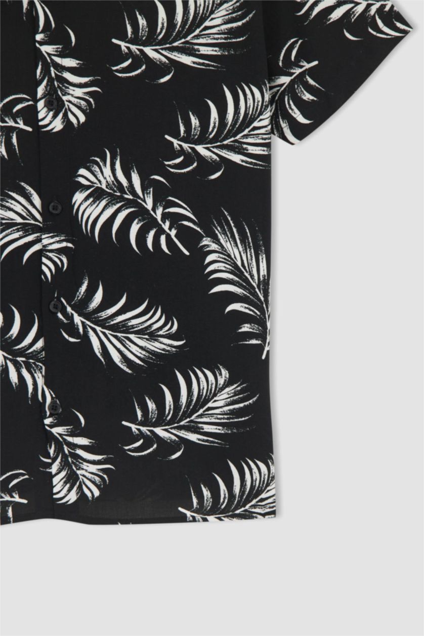 BOYS & TEENS Black Boy Regular Fit Floral Patterned Short Sleeve Linen Look Shirt