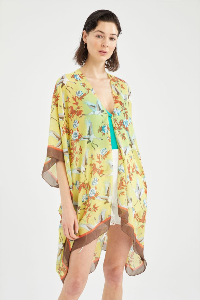 Kadın Turuncu Desenli Uzun Kimono