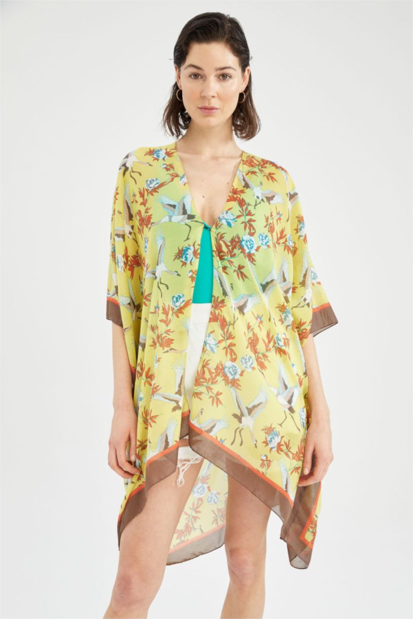 Kadın Turuncu Desenli Uzun Kimono
