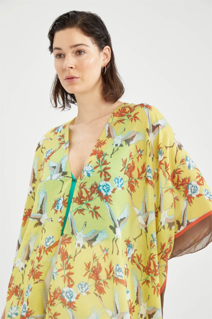 Kadın Turuncu Desenli Uzun Kimono