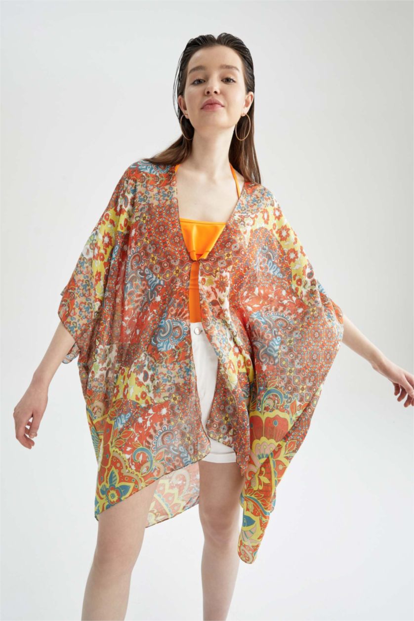 FEMME Orange Kimono long à motifs