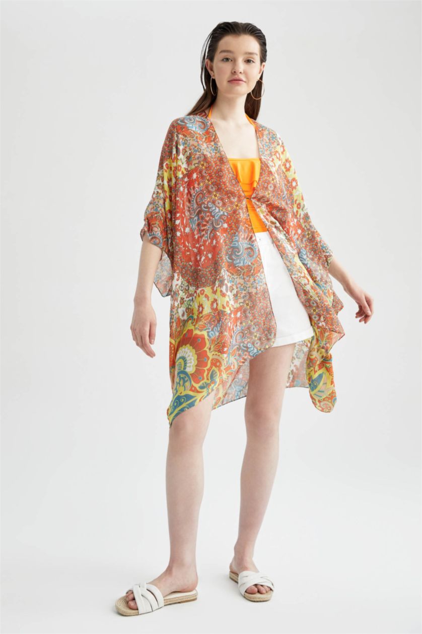 FEMME Orange Kimono long à motifs