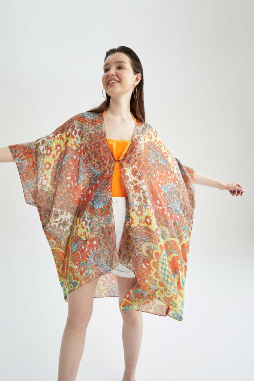 FEMME Orange Kimono long à motifs