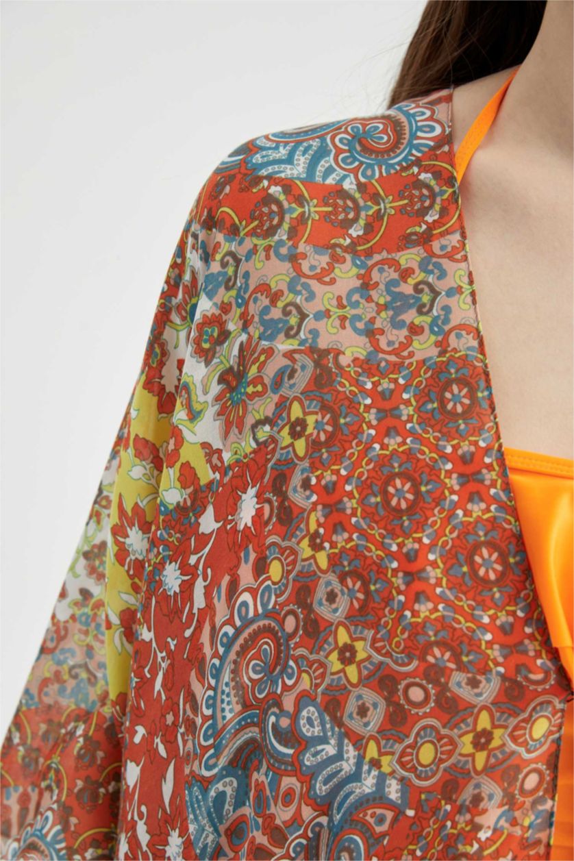 FEMME Orange Kimono long à motifs