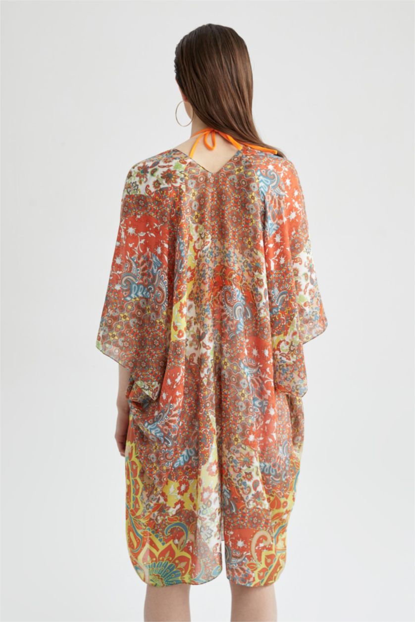 FEMME Orange Kimono long à motifs