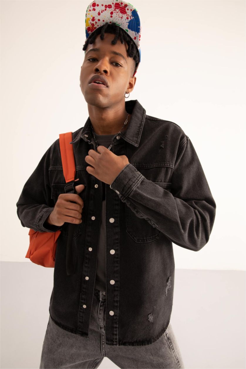 HOMME Noir Chemise À Manches Longues En Tricot Double Poche