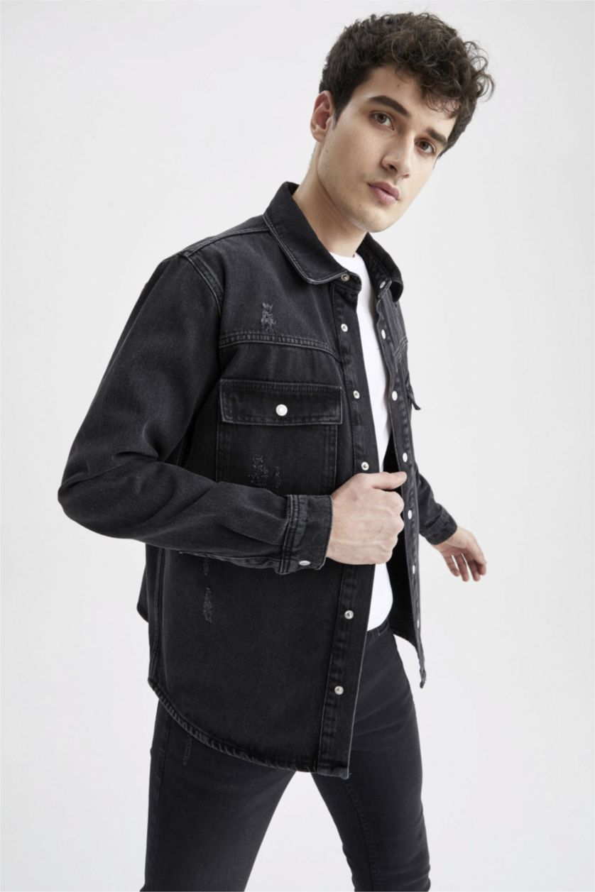 HOMME Noir Chemise À Manches Longues En Tricot Double Poche