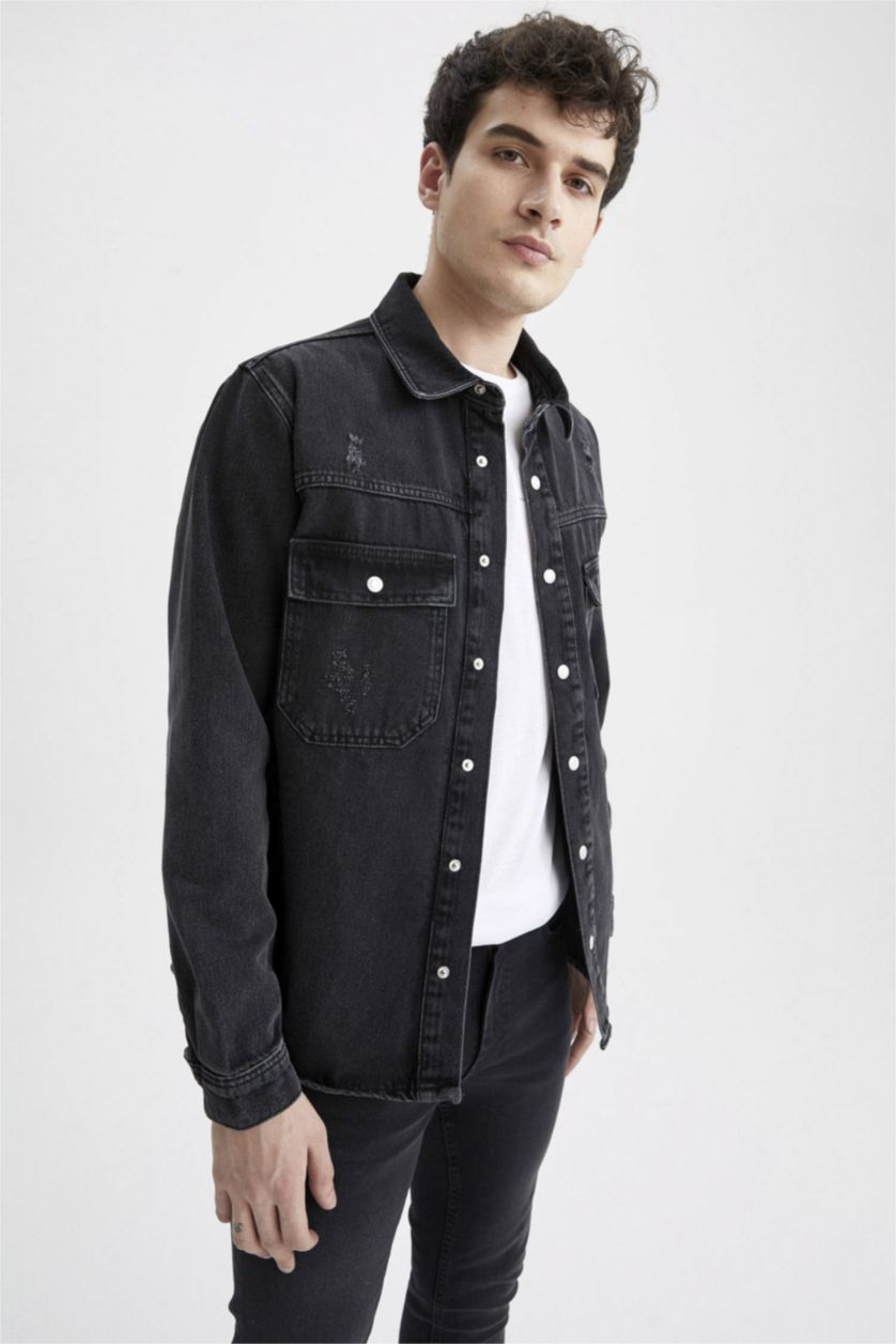 HOMME Noir Chemise À Manches Longues En Tricot Double Poche