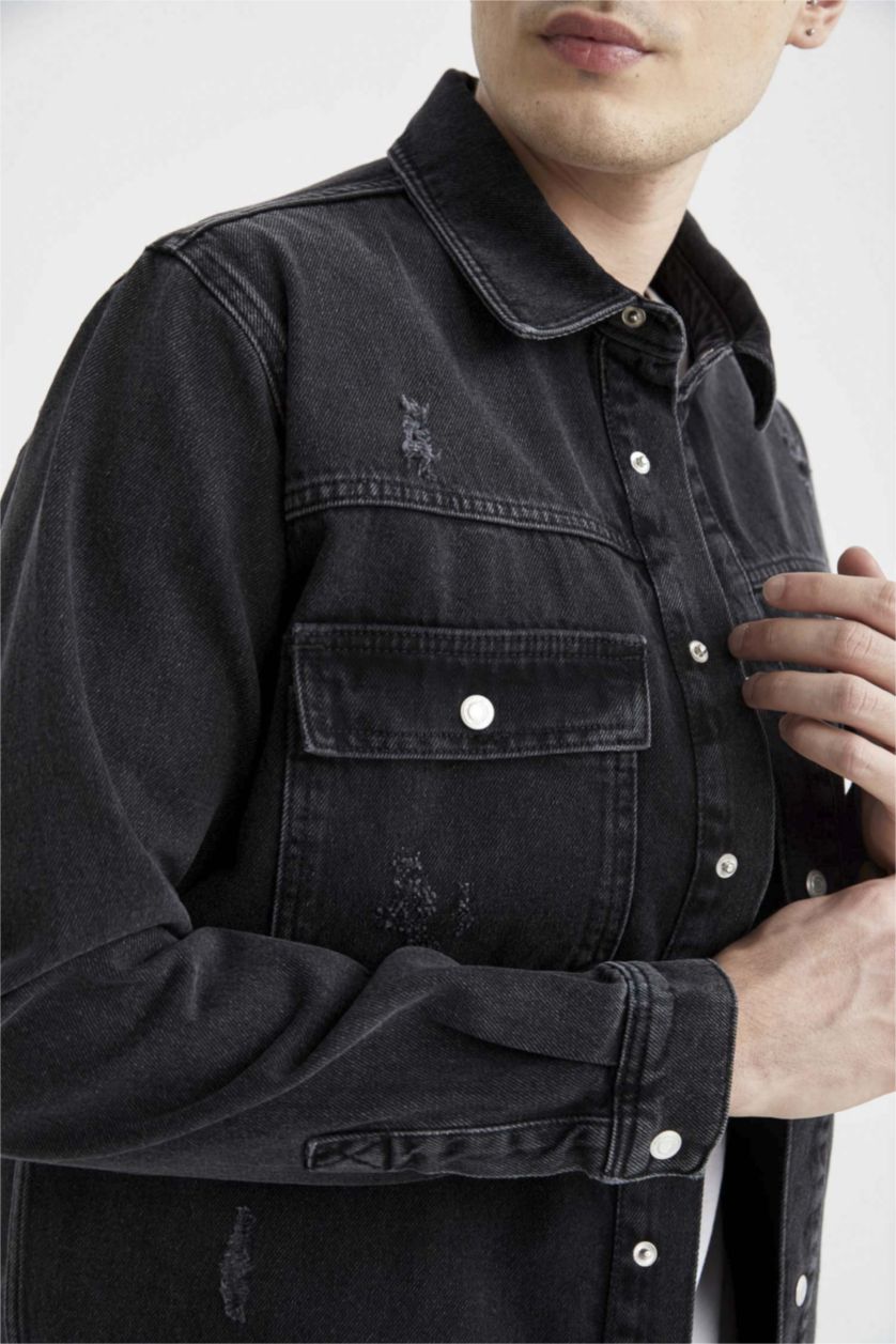 HOMME Noir Chemise À Manches Longues En Tricot Double Poche