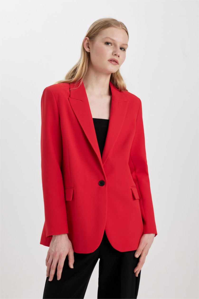 Kadın Kırmızı Oversize Geniş Kalıp Düğmeli Basic Düz Kırmızı Blazer Ceket