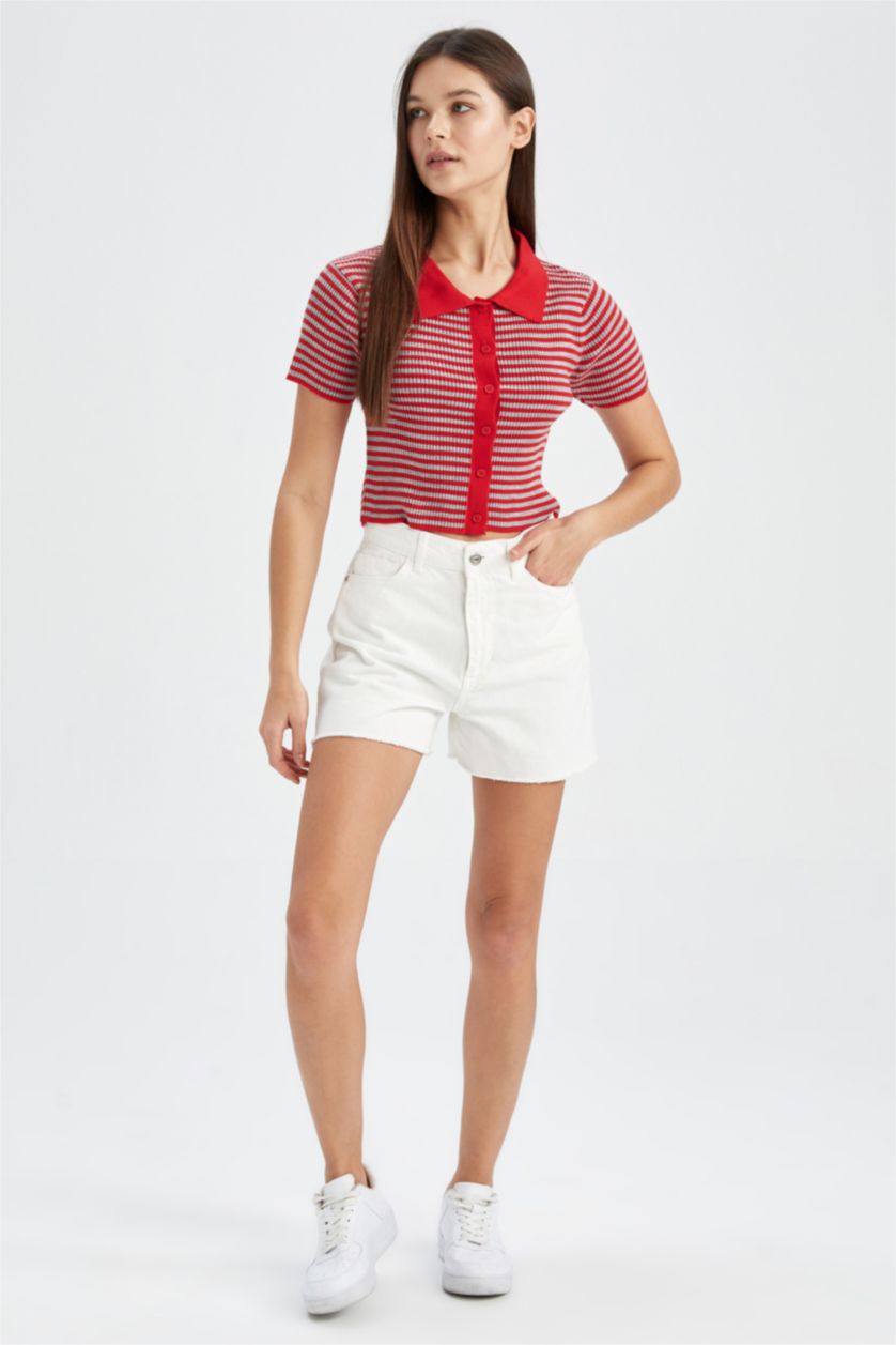 Женская Оранжевый Пуловер приталенного кроя с поло воротником для женщин