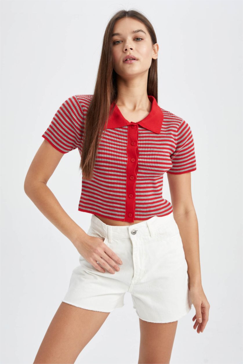 Женская Оранжевый Пуловер приталенного кроя с поло воротником для женщин