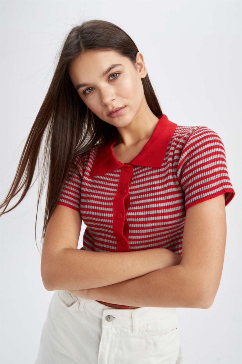 Женская Оранжевый Пуловер приталенного кроя с поло воротником для женщин