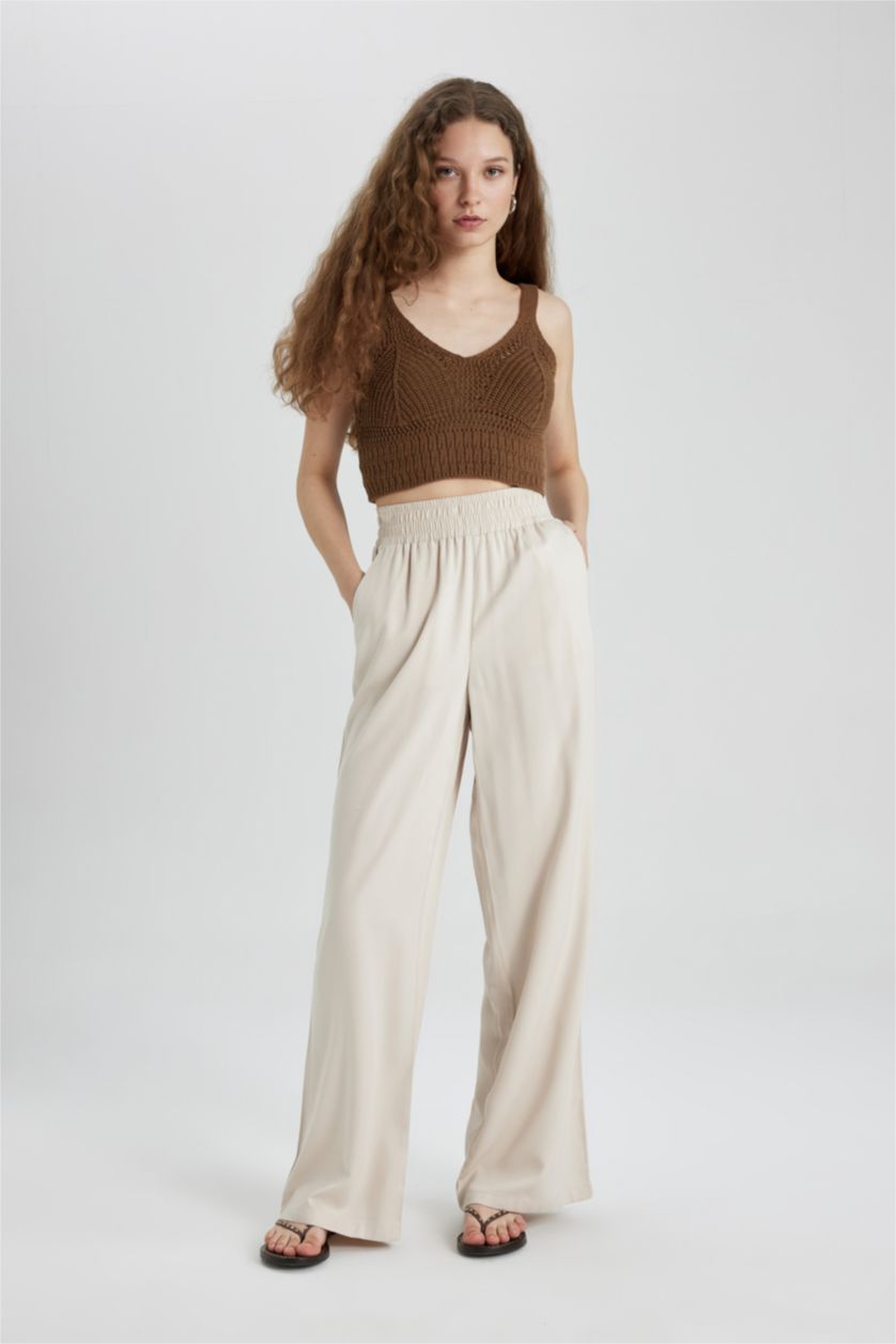 WOMAN Light Stone Wide Leg With Pockets Viscose Trousers