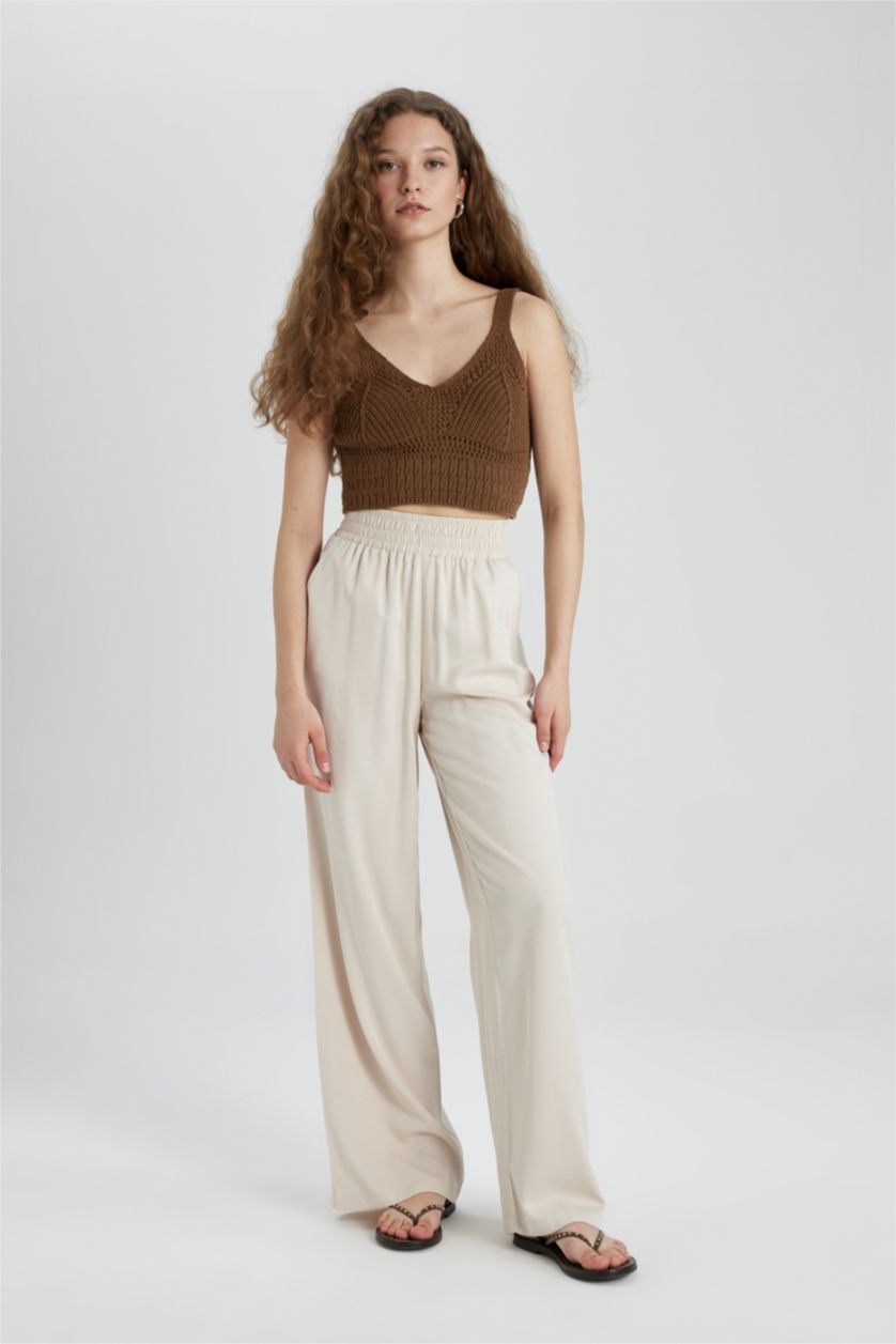 WOMAN Light Stone Wide Leg With Pockets Viscose Trousers