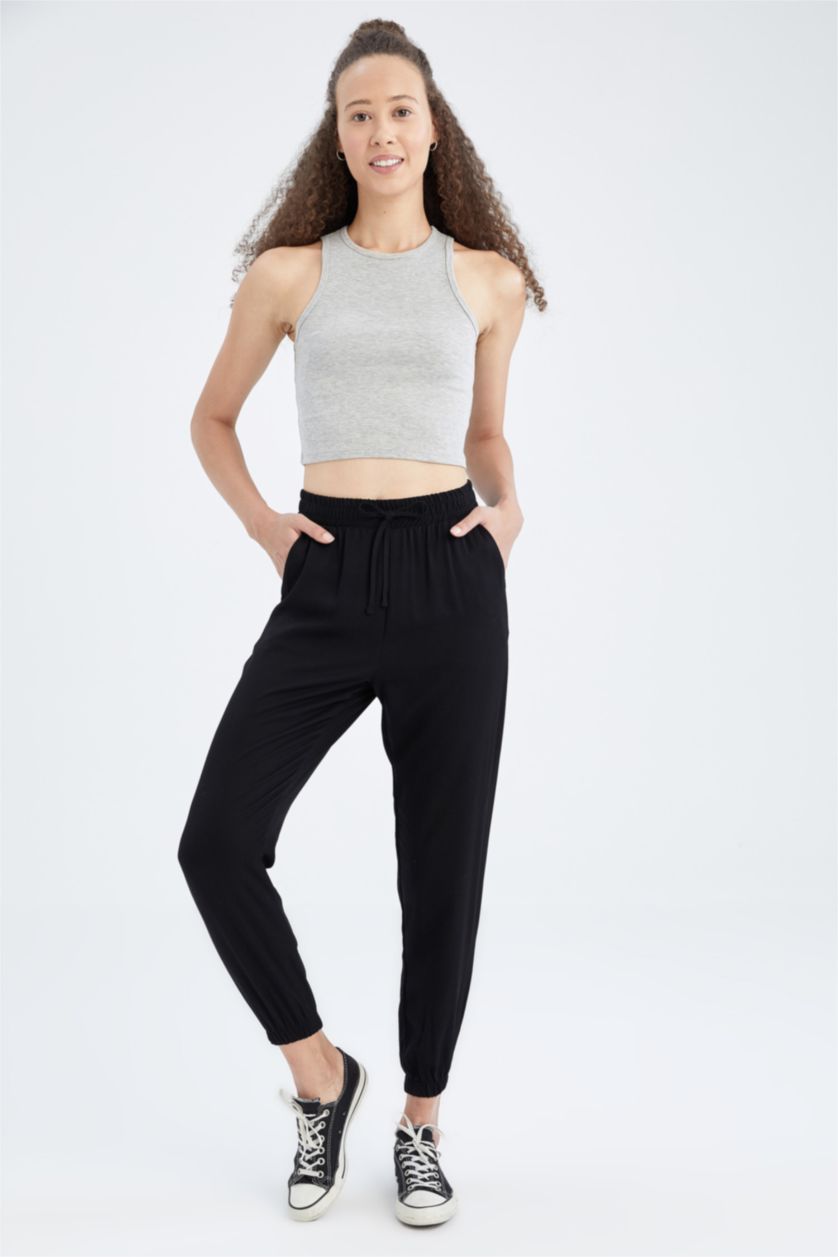FEMME Noir Pantalon Jogger Standard Fit Taille Normale Poche Viscose