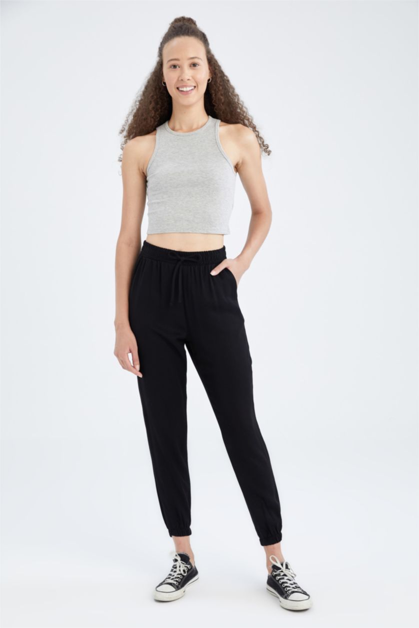 FEMME Noir Pantalon Jogger Standard Fit Taille Normale Poche Viscose