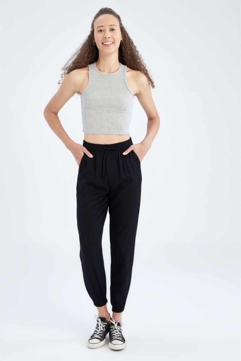 FEMME Noir Pantalon Jogger Standard Fit Taille Normale Poche Viscose