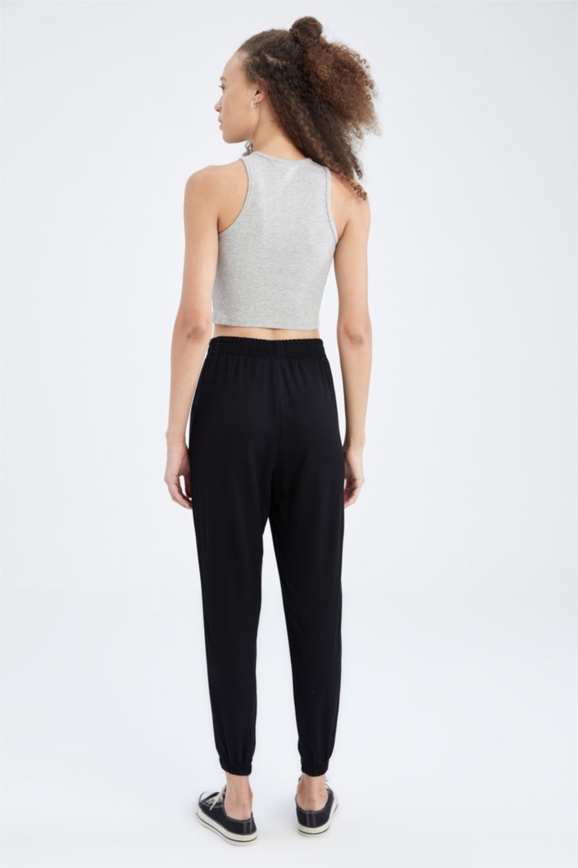 FEMME Noir Pantalon Jogger Standard Fit Taille Normale Poche Viscose