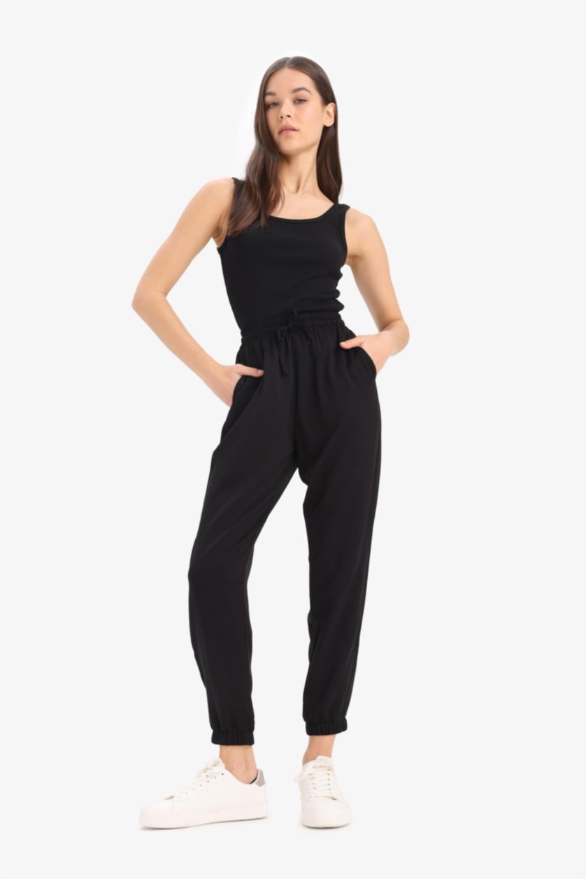 Woman Black Normal Waist Ankle Length Viscose Joggers