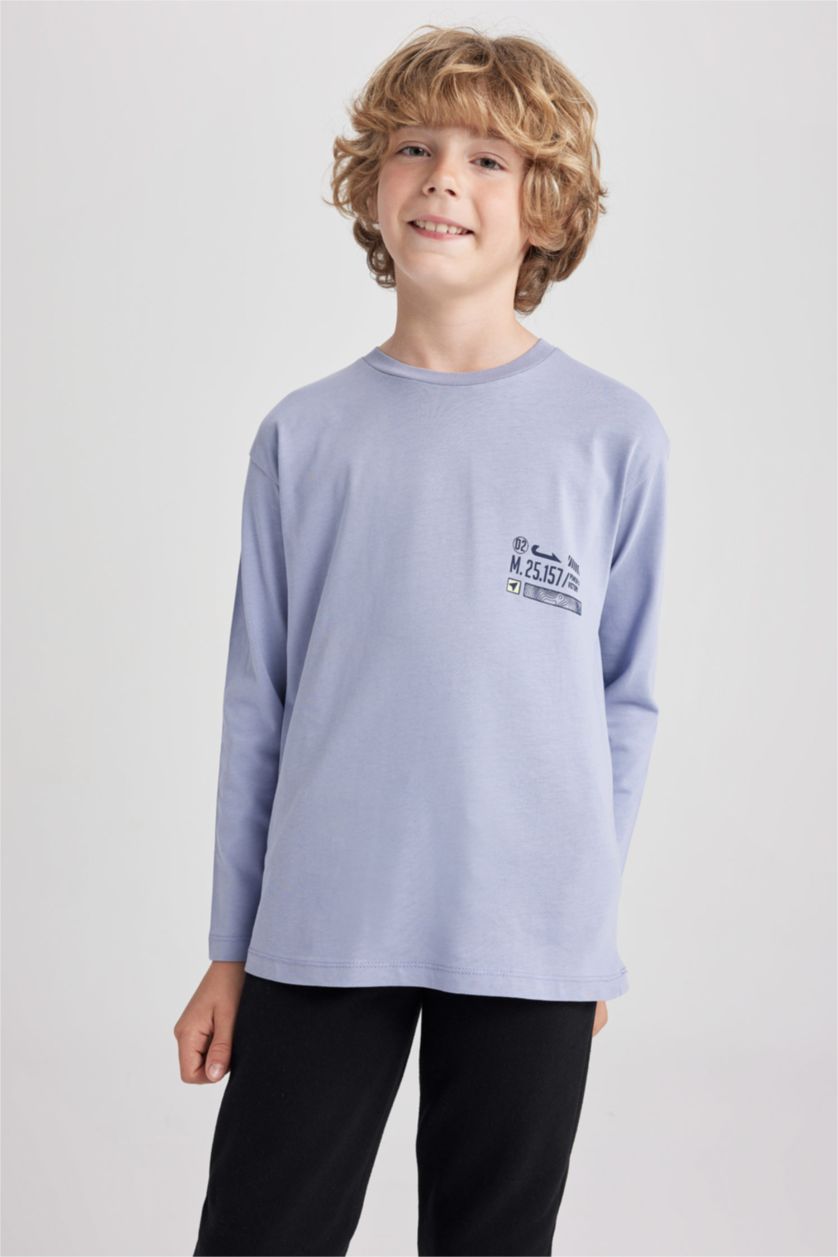 أولاد أرجواني فاتح تي شيرت قطن طويل الأكمام مطبوع برقبة دائرية وخلفية للأولاد