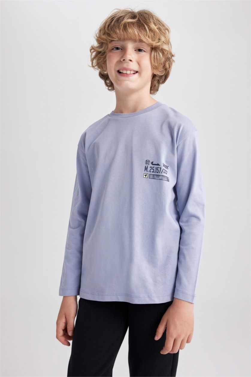 أولاد أرجواني فاتح تي شيرت قطن طويل الأكمام مطبوع برقبة دائرية وخلفية للأولاد