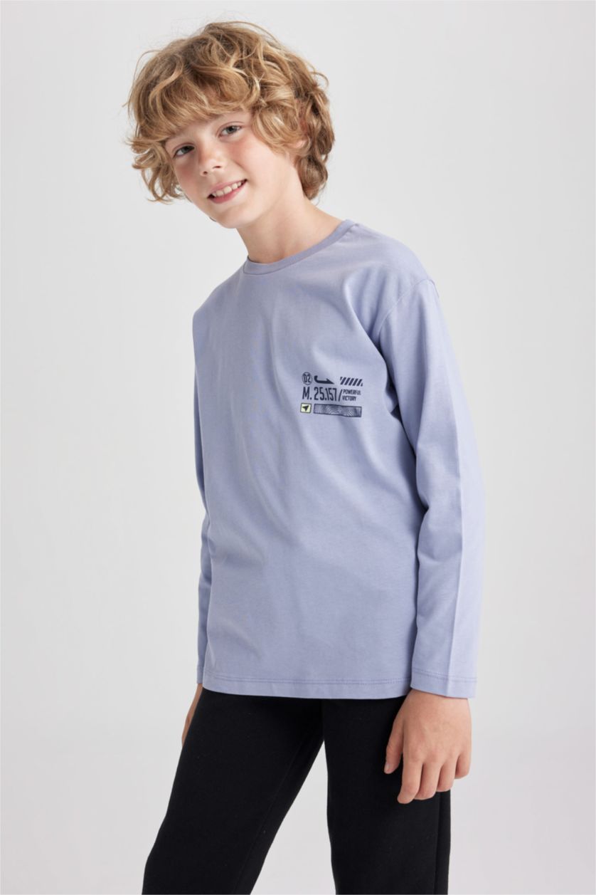 أولاد أرجواني فاتح تي شيرت قطن طويل الأكمام مطبوع برقبة دائرية وخلفية للأولاد