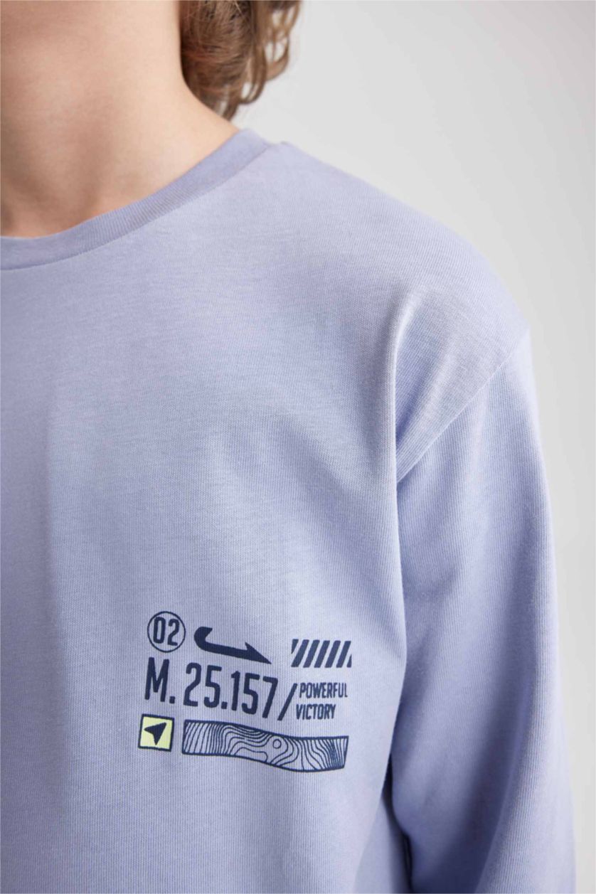 أولاد أرجواني فاتح تي شيرت قطن طويل الأكمام مطبوع برقبة دائرية وخلفية للأولاد