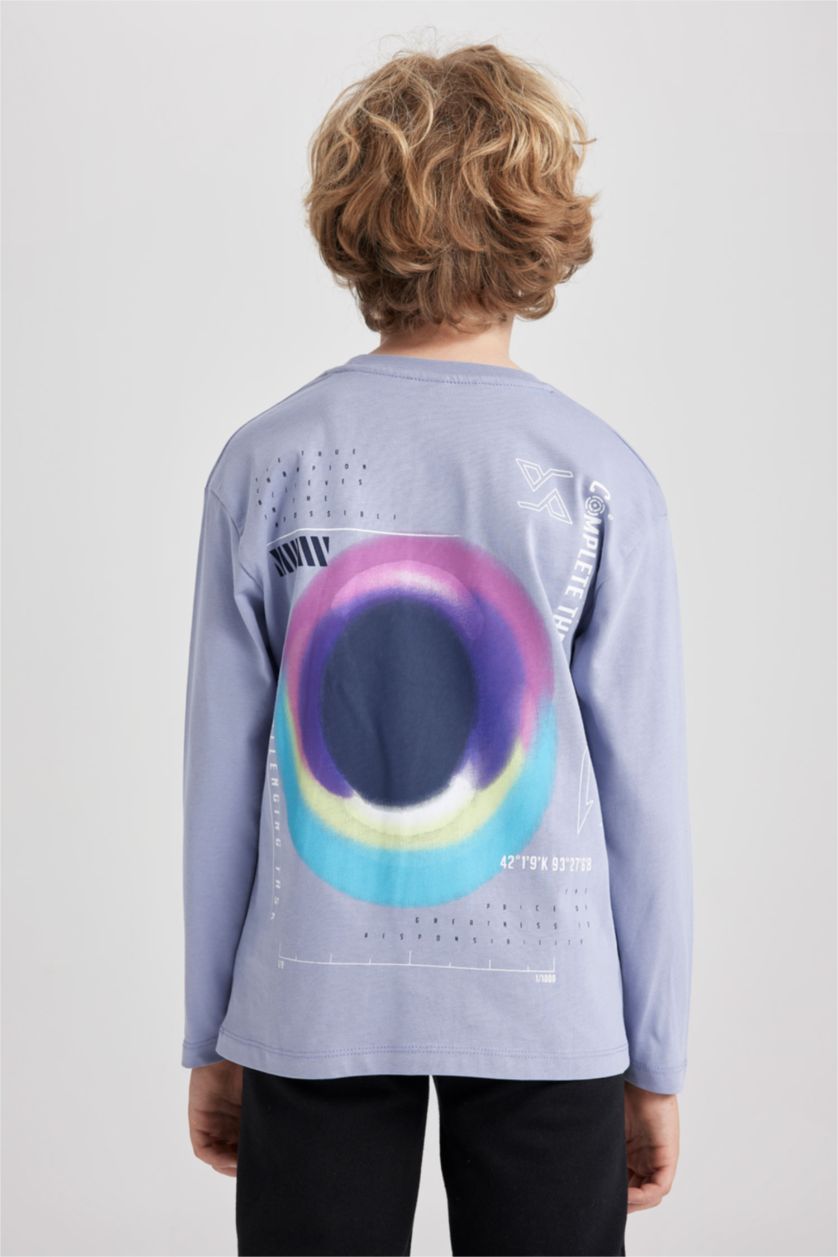 أولاد أرجواني فاتح تي شيرت قطن طويل الأكمام مطبوع برقبة دائرية وخلفية للأولاد