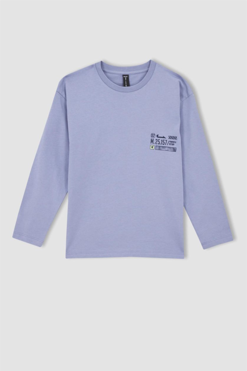 أولاد أرجواني فاتح تي شيرت قطن طويل الأكمام مطبوع برقبة دائرية وخلفية للأولاد