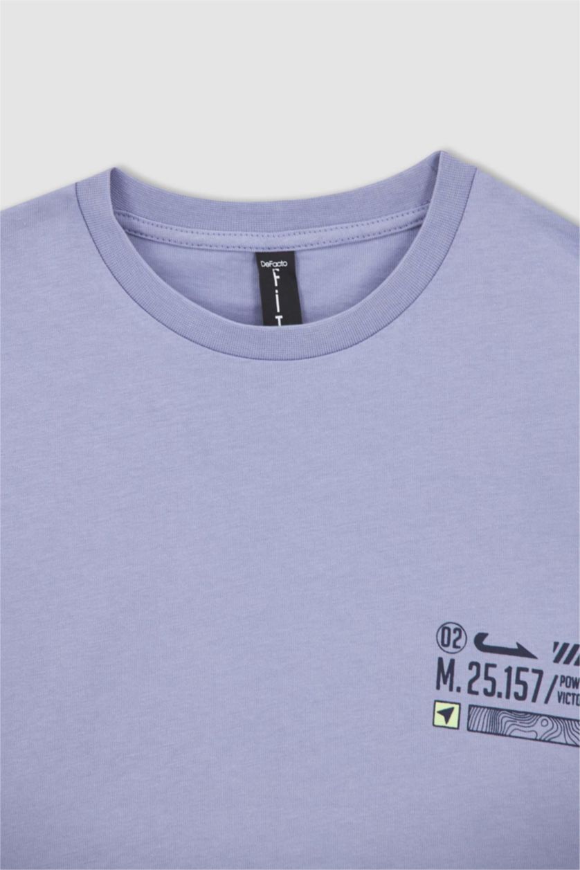 أولاد أرجواني فاتح تي شيرت قطن طويل الأكمام مطبوع برقبة دائرية وخلفية للأولاد