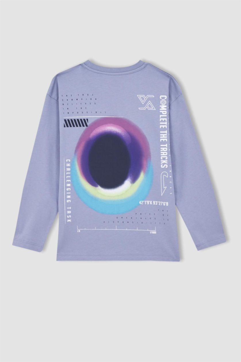 أولاد أرجواني فاتح تي شيرت قطن طويل الأكمام مطبوع برقبة دائرية وخلفية للأولاد