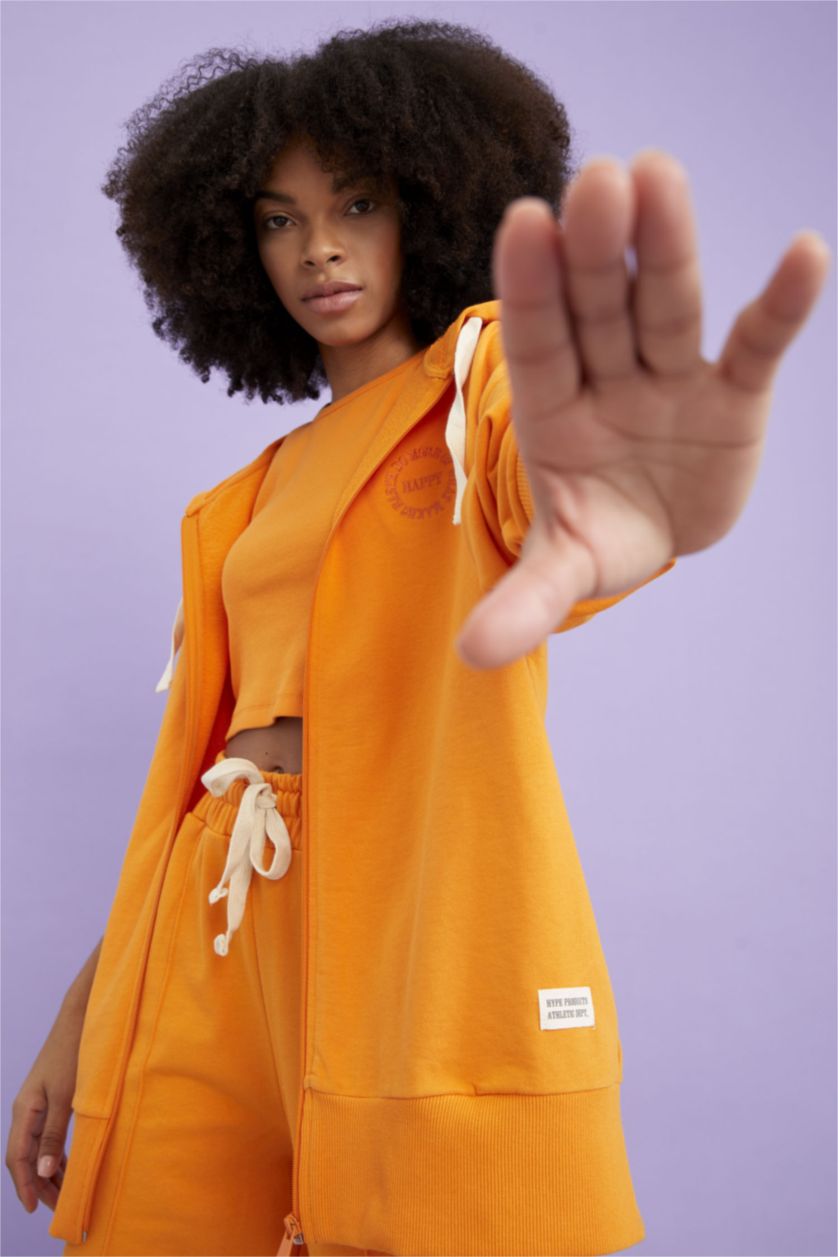 WOMAN Light Orange Defacto Fit Oversize Fit Hooded Organic Cotton Sweat Cardigan