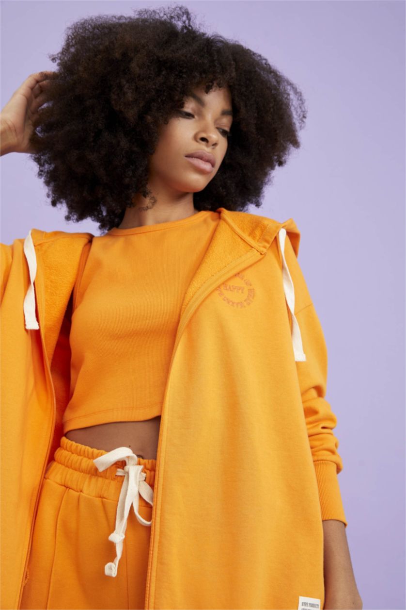 WOMAN Light Orange Defacto Fit Oversize Fit Hooded Organic Cotton Sweat Cardigan