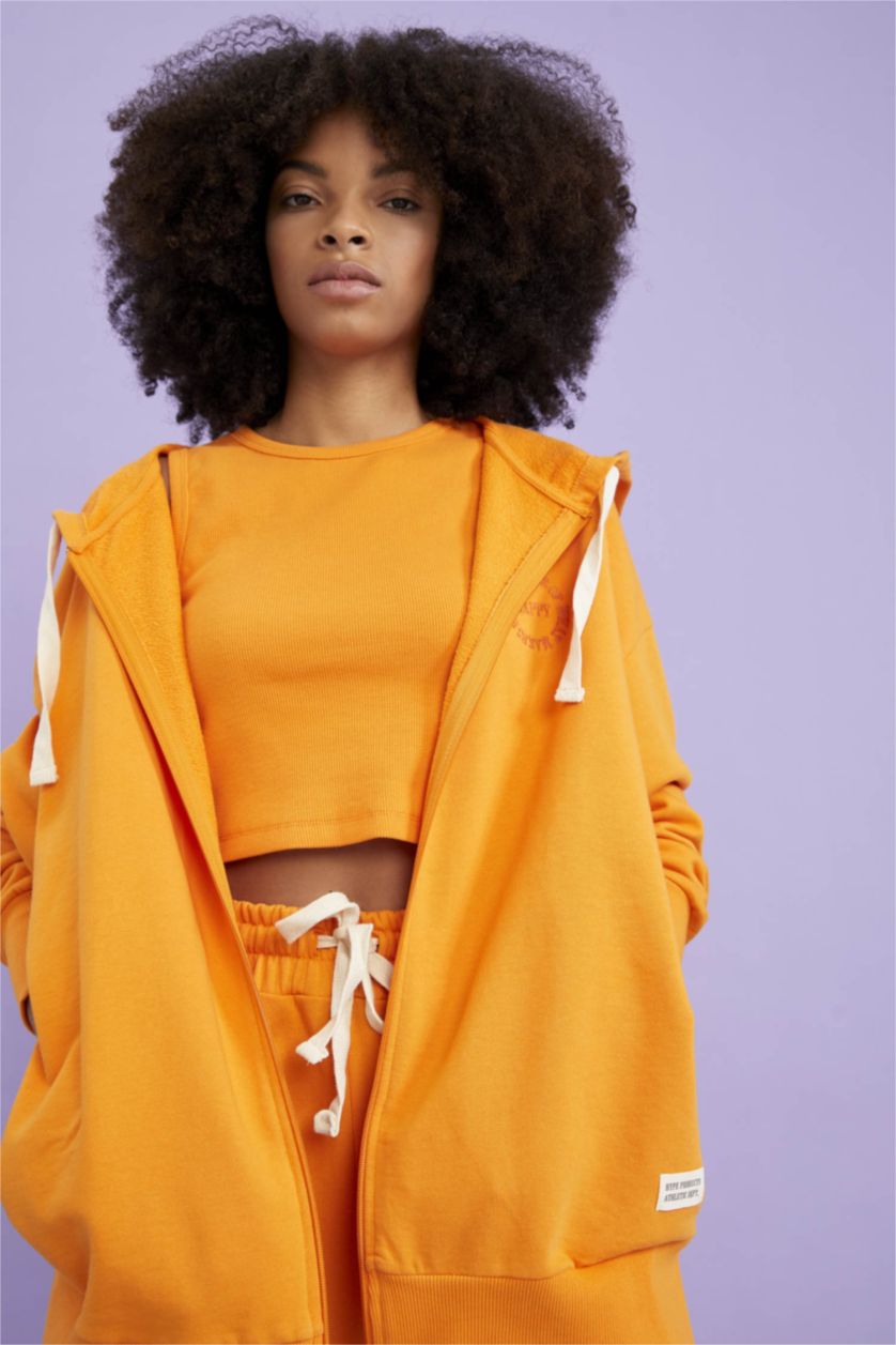 WOMAN Light Orange Defacto Fit Oversize Fit Hooded Organic Cotton Sweat Cardigan