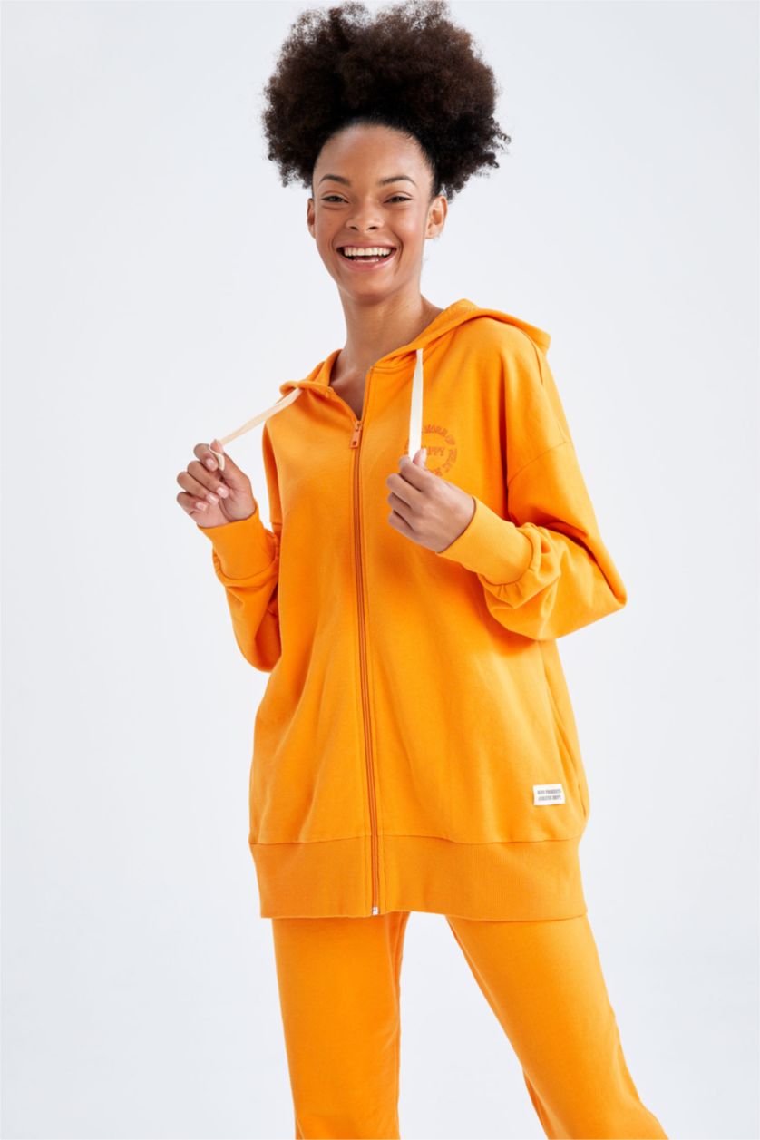 WOMAN Light Orange Defacto Fit Oversize Fit Hooded Organic Cotton Sweat Cardigan