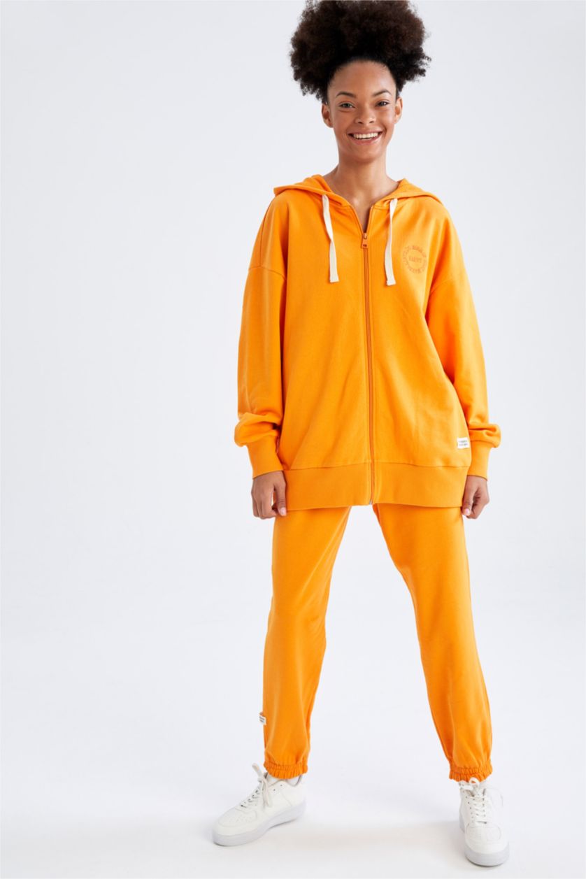 WOMAN Light Orange Defacto Fit Oversize Fit Hooded Organic Cotton Sweat Cardigan