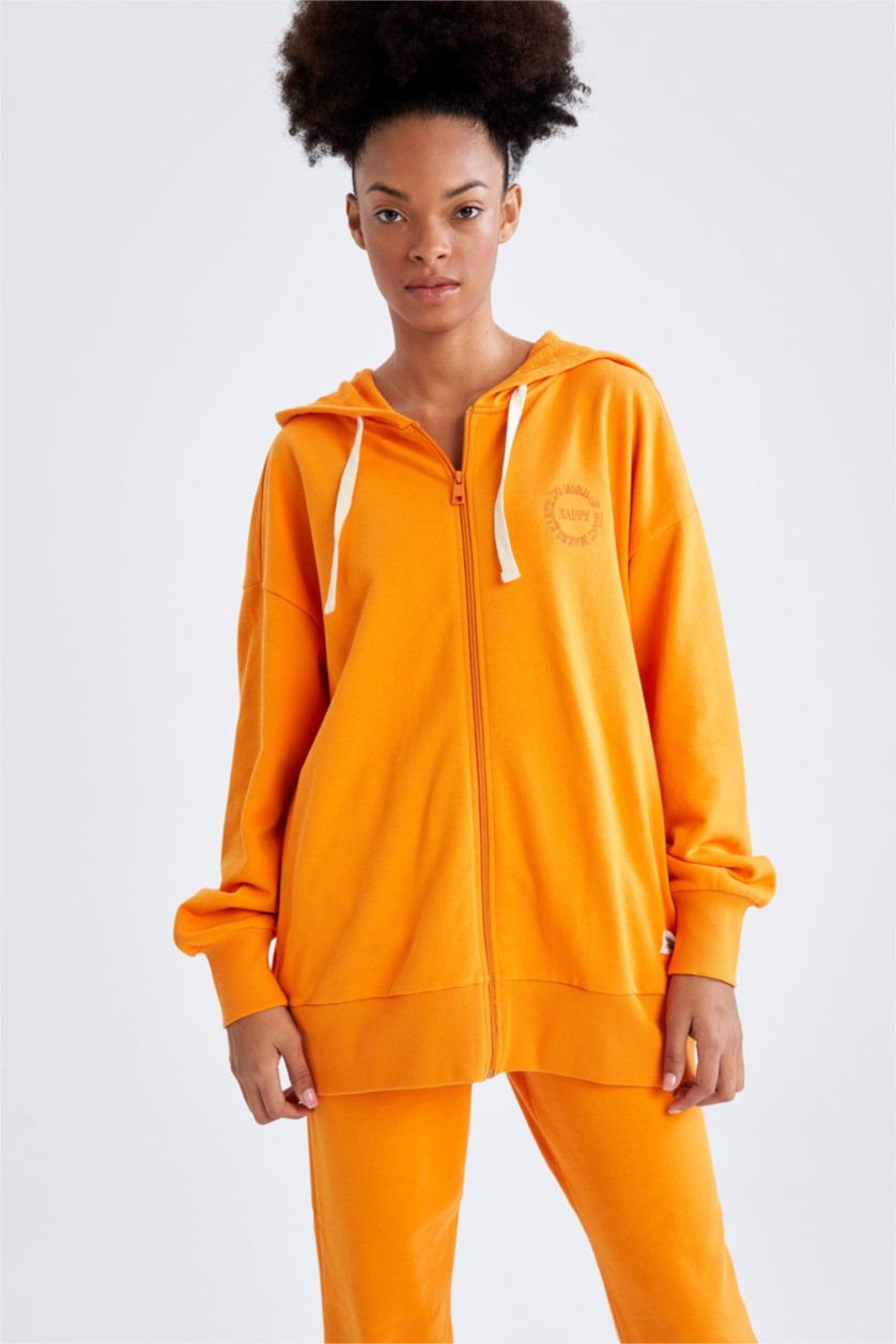 WOMAN Light Orange Defacto Fit Oversize Fit Hooded Organic Cotton Sweat Cardigan