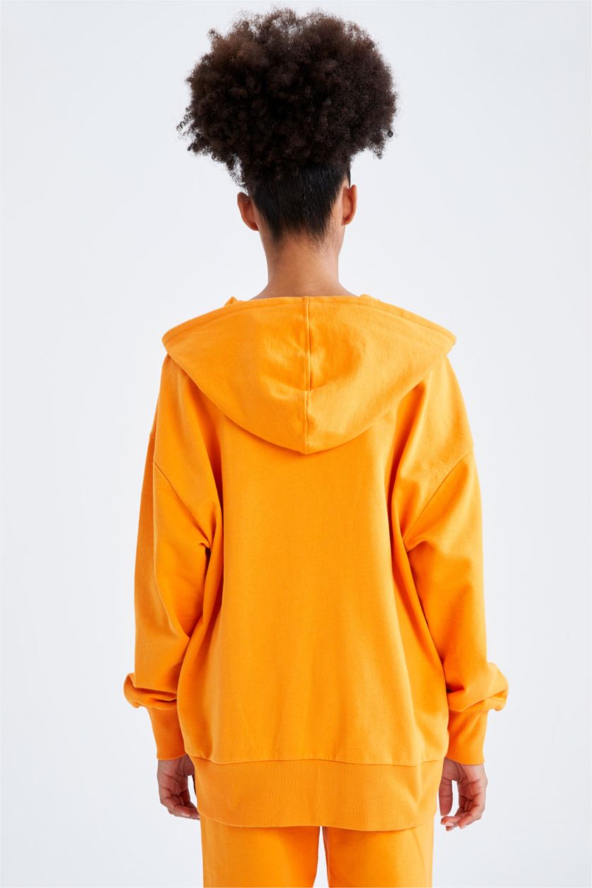 WOMAN Light Orange Defacto Fit Oversize Fit Hooded Organic Cotton Sweat Cardigan