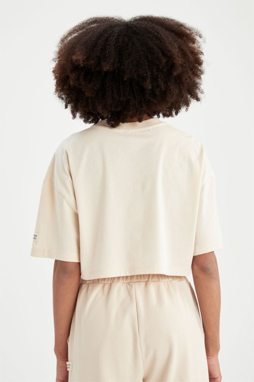 FEMME Beige Clair Defacto Fit T-shirt de sport court en coton biologique à col ras du cou coupe oversize