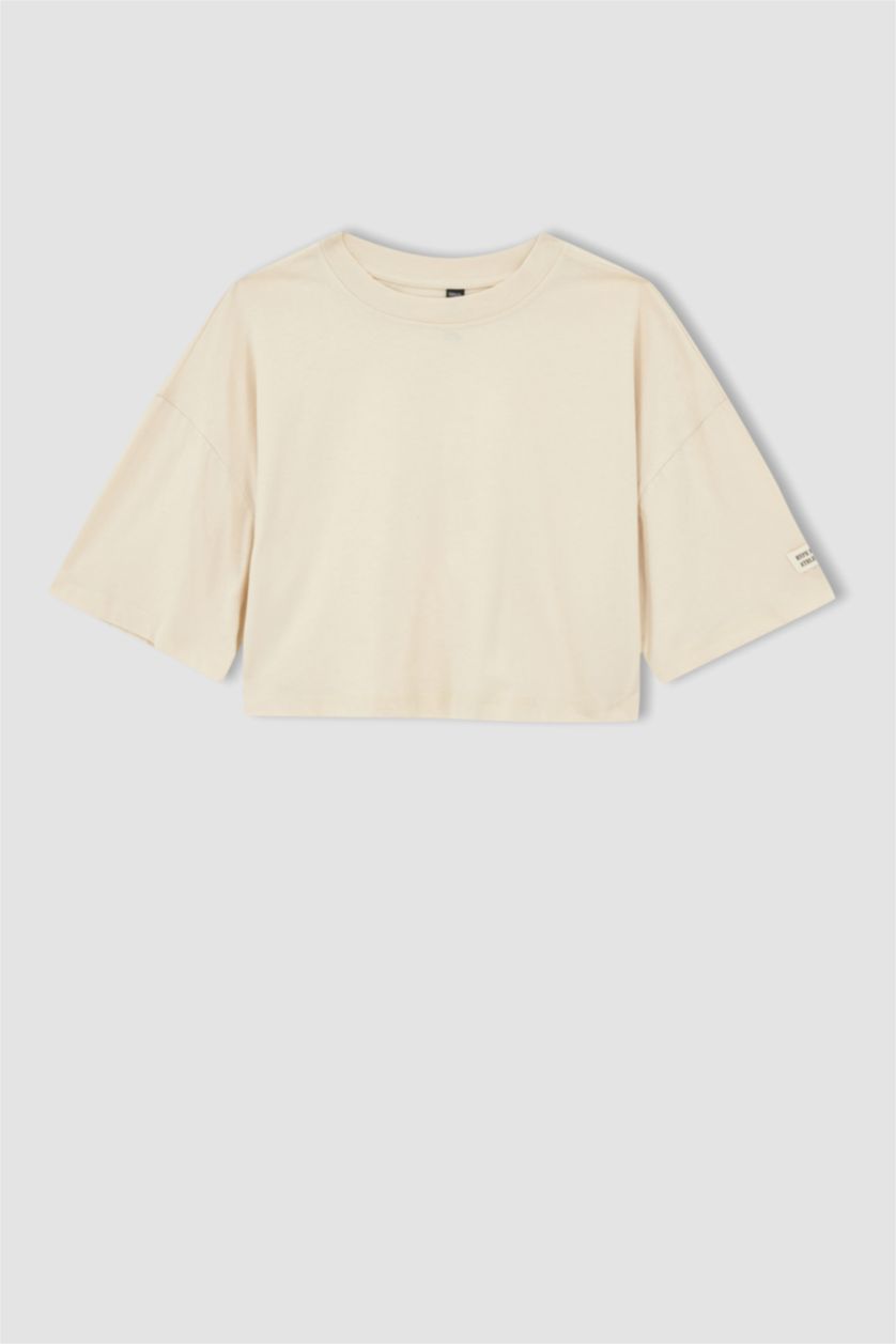 FEMME Beige Clair Defacto Fit T-shirt de sport court en coton biologique à col ras du cou coupe oversize